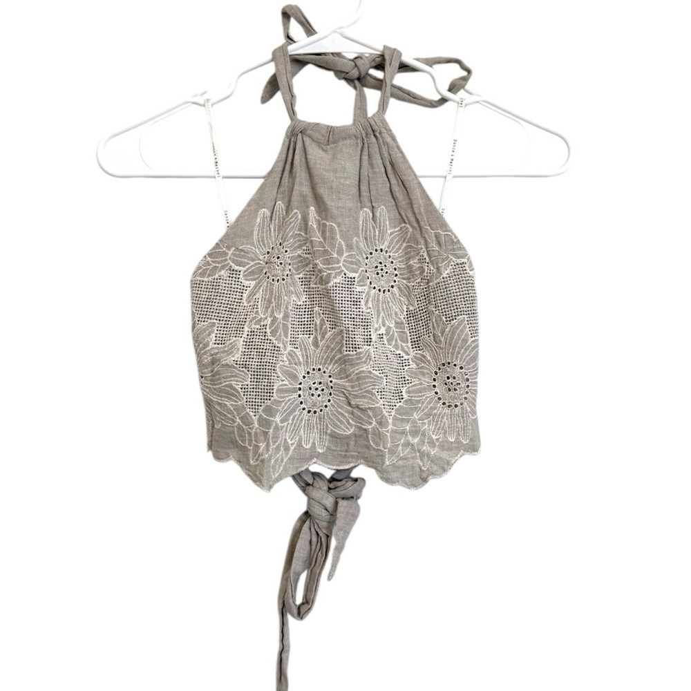 2/$30 Dance & Marvel - Taupe Beige Embroidered Floral Halter Crop Top Small
